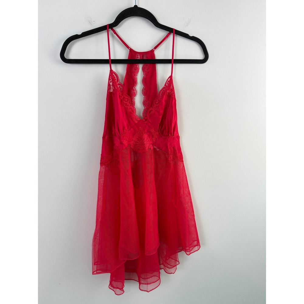 Victoria's Secret Babydoll Lingerie Women Small Red Lace Satin Mesh Chemise